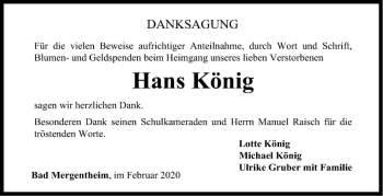 Traueranzeige von Hans König von Fränkische Nachrichten