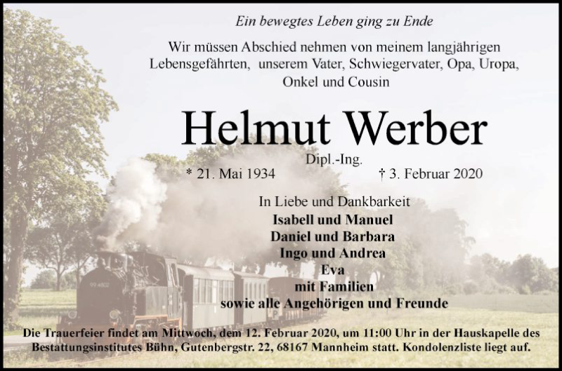  Traueranzeige für Helmut Werber vom 08.02.2020 aus Mannheimer Morgen