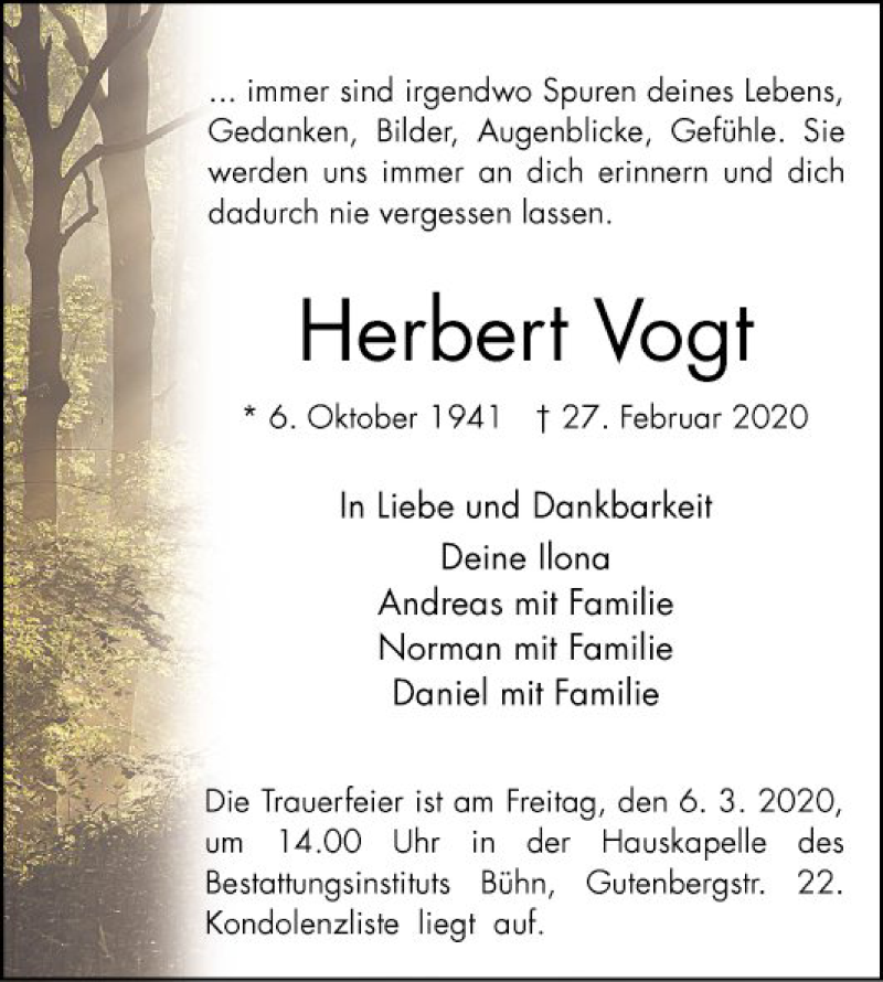  Traueranzeige für Herbert Vogt vom 29.02.2020 aus Mannheimer Morgen