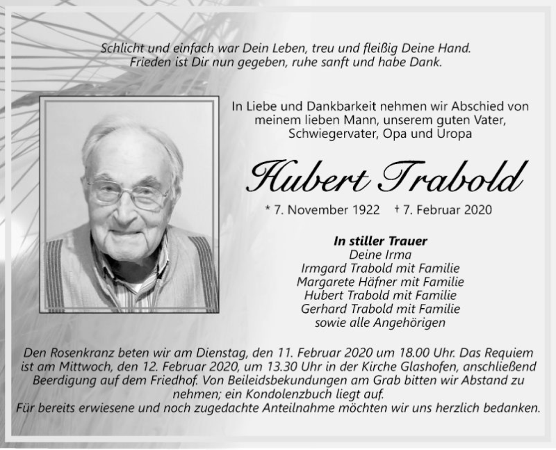 Traueranzeige für Hubert Trabold vom 10.02.2020 aus Fränkische Nachrichten