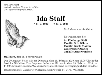 Traueranzeige von Ida Stalf von Fränkische Nachrichten