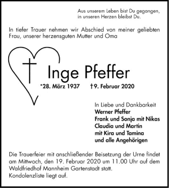 Traueranzeige von Inge Pfeffer von Mannheimer Morgen
