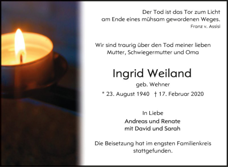  Traueranzeige für Ingrid Weiland vom 29.02.2020 aus Schwetzinger Zeitung