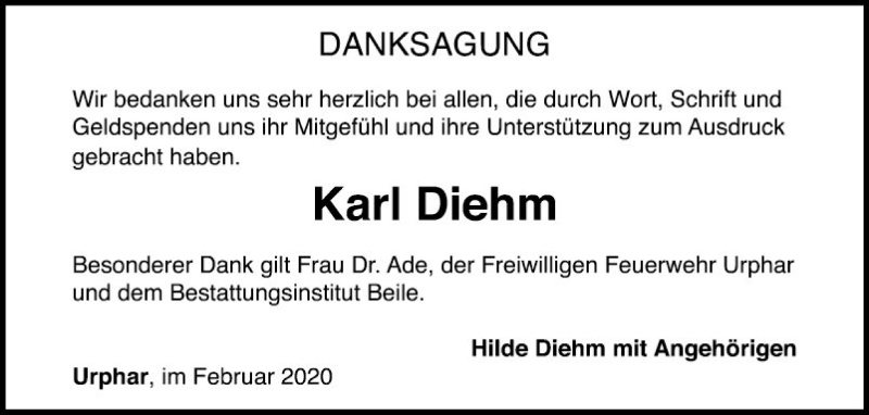  Traueranzeige für Karl Diehm vom 15.02.2020 aus Fränkische Nachrichten