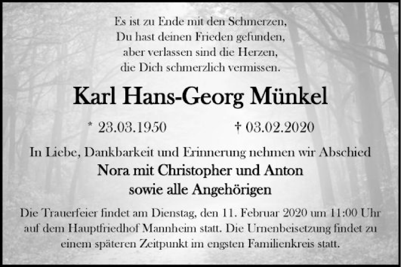  Traueranzeige für Karl Hans-Georg Münkel vom 08.02.2020 aus Mannheimer Morgen