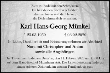 Traueranzeige von Karl Hans-Georg Münkel von Mannheimer Morgen