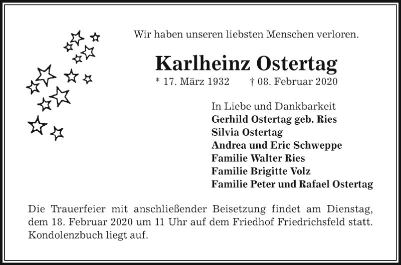  Traueranzeige für Karlheinz Ostertag vom 15.02.2020 aus Mannheimer Morgen