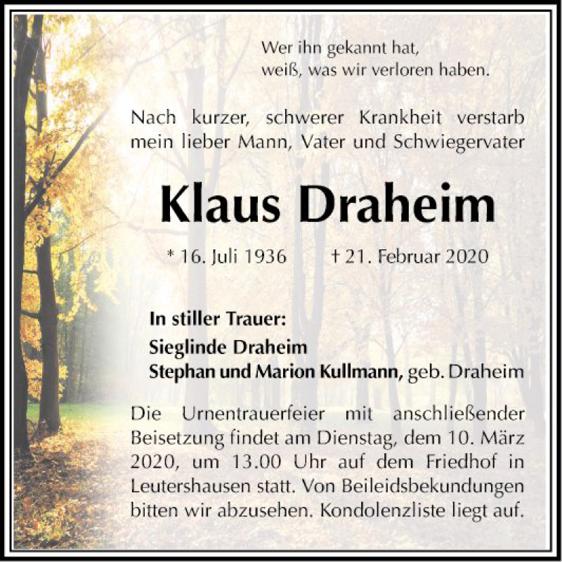  Traueranzeige für Klaus Draheim vom 29.02.2020 aus Mannheimer Morgen