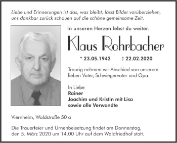 Traueranzeige von Klaus Rohrbacher von Südhessen Morgen