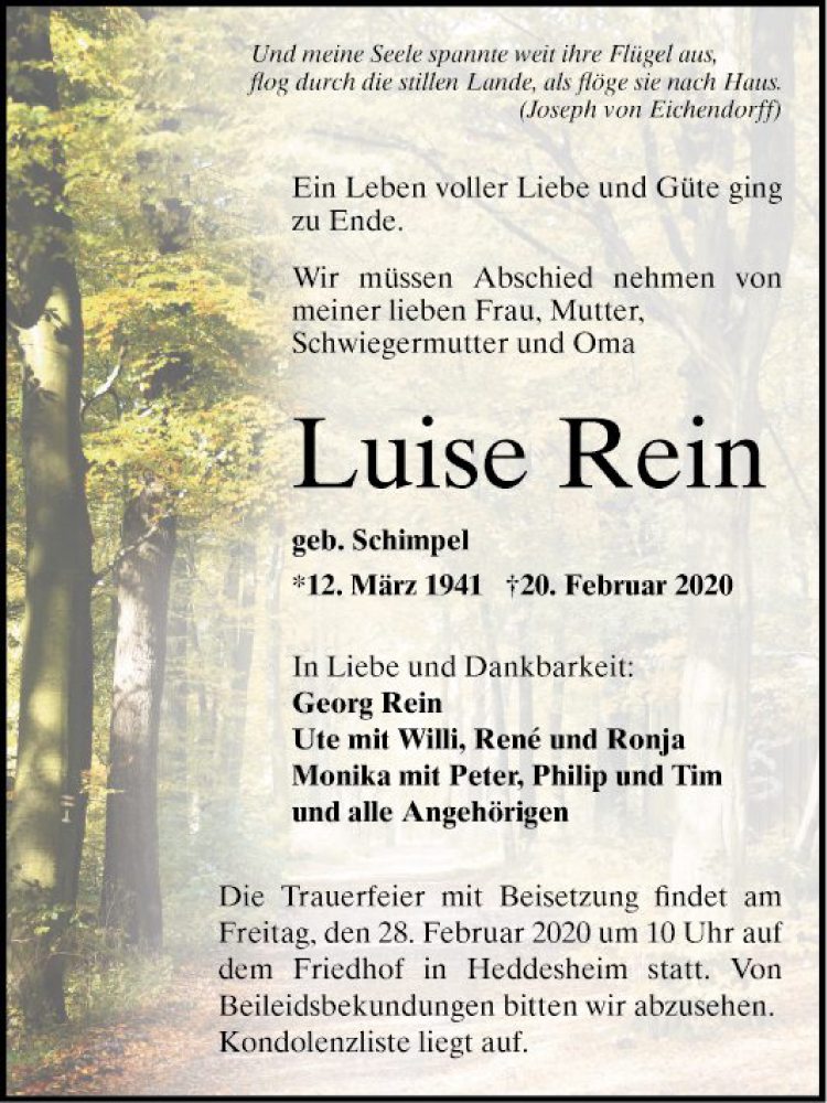  Traueranzeige für Luise Rein vom 25.02.2020 aus Mannheimer Morgen