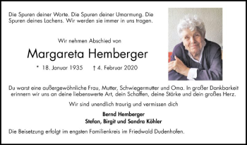 Traueranzeige von Margareta Hemberger von Mannheimer Morgen