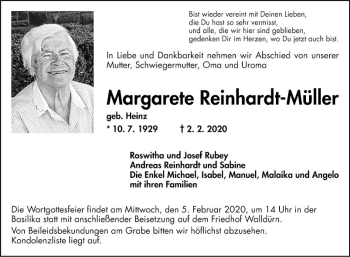 Traueranzeige von Margarete Reinhardt-Müller von Fränkische Nachrichten