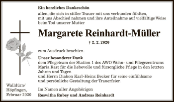 Traueranzeige von Margarete Reinhardt-Müller von Fränkische Nachrichten