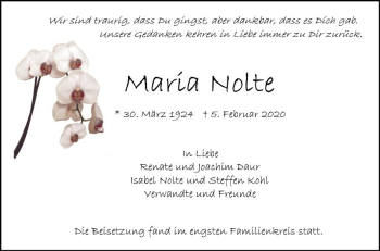 Traueranzeige von Maria Nolte von Mannheimer Morgen