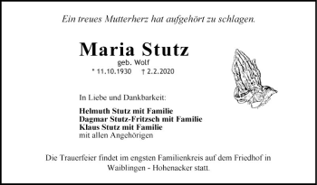 Traueranzeige von Maria Stutz von Fränkische Nachrichten