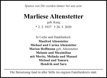 Traueranzeige von Marliese Altenstetter von Mannheimer Morgen