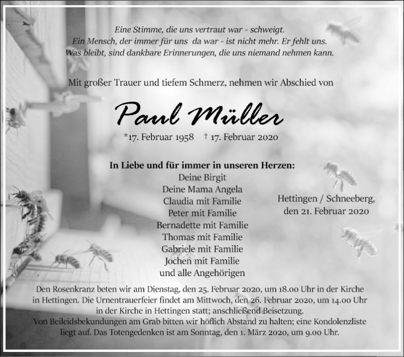  Traueranzeige für Paul Müller vom 21.02.2020 aus Fränkische Nachrichten
