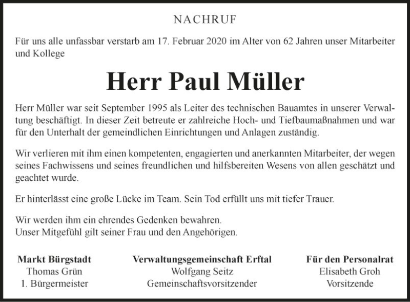  Traueranzeige für Paul Müller vom 21.02.2020 aus Fränkische Nachrichten