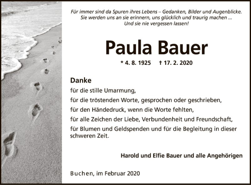  Traueranzeige für Paula Bauer vom 29.02.2020 aus Fränkische Nachrichten