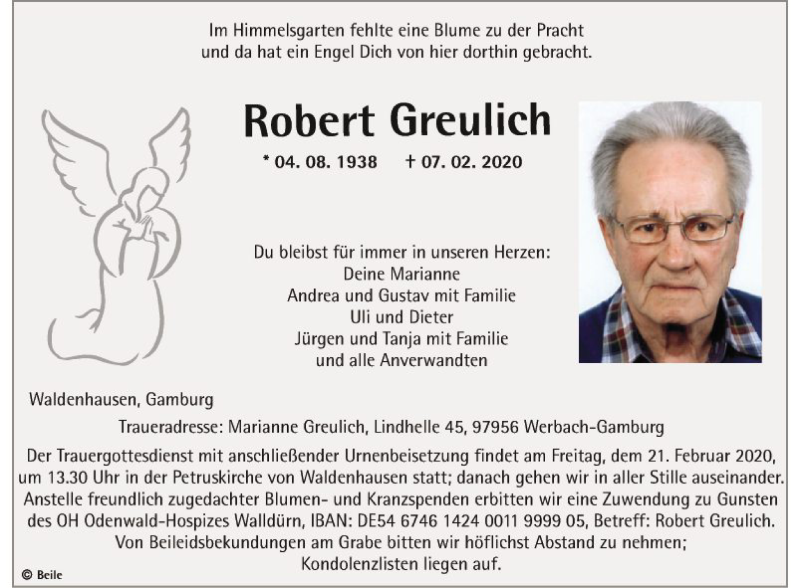  Traueranzeige für Robert Greulich vom 15.02.2020 aus Fränkische Nachrichten