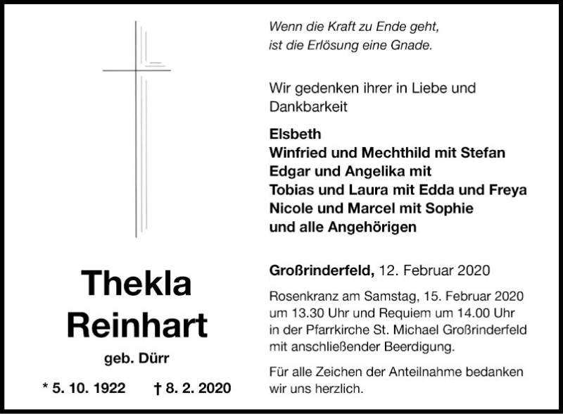  Traueranzeige für Thelka Reinhart vom 12.02.2020 aus Fränkische Nachrichten
