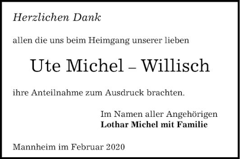  Traueranzeige für Ute Michel-Willisch vom 22.02.2020 aus Mannheimer Morgen