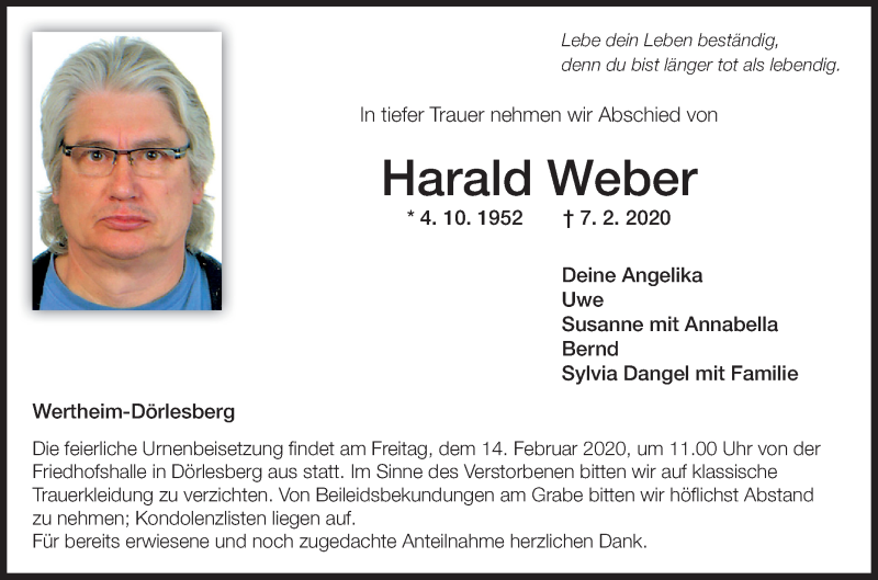  Traueranzeige für Harald Weber vom 10.02.2020 aus 