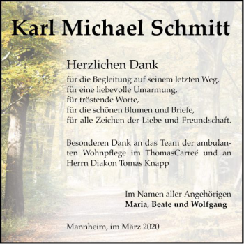 Traueranzeige von Karl Michael Schmitt von Mannheimer Morgen