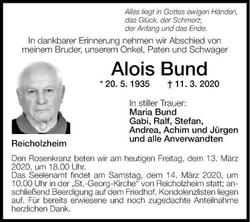 Traueranzeige für Alois Bund vom 13.03.2020 aus Fränkische Nachrichten