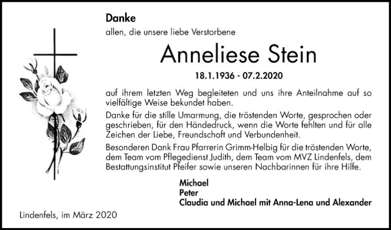  Traueranzeige für Anneliese Stein vom 20.03.2020 aus Bergsträßer Anzeiger