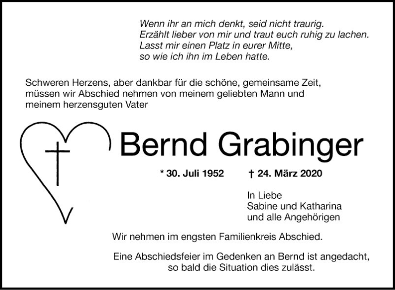  Traueranzeige für Bernd Grabfinger vom 28.03.2020 aus Mannheimer Morgen