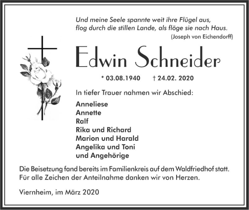  Traueranzeige für Edwin Schneider vom 07.03.2020 aus Südhessen Morgen