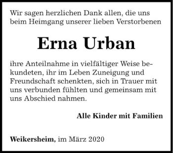 Traueranzeige von Erna Urban von Fränkische Nachrichten