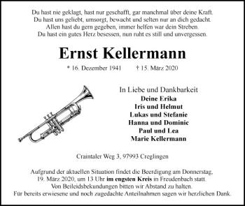 Traueranzeige von Ernst Kellermann von Fränkische Nachrichten