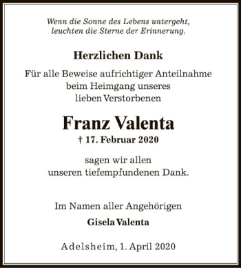 Traueranzeige von Franz Valenta von Fränkische Nachrichten