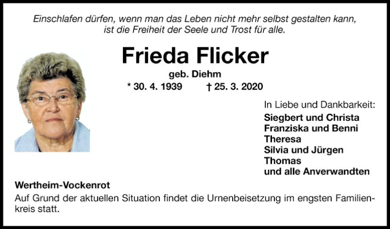  Traueranzeige für Frieda Flicker vom 28.03.2020 aus Fränkische Nachrichten