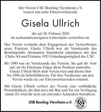 Traueranzeige von Gisela Ullrich von Südhessen Morgen