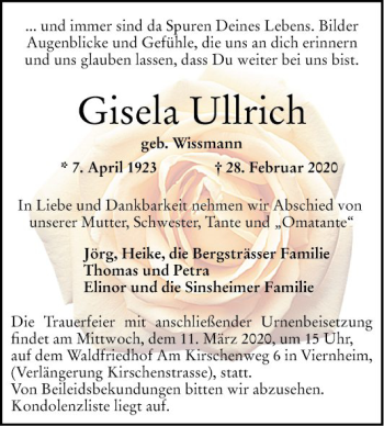 Traueranzeige von Gisela Ullrich von Südhessen Morgen