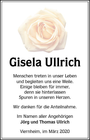 Traueranzeige von Gisela Ullrich von Mannheimer Morgen