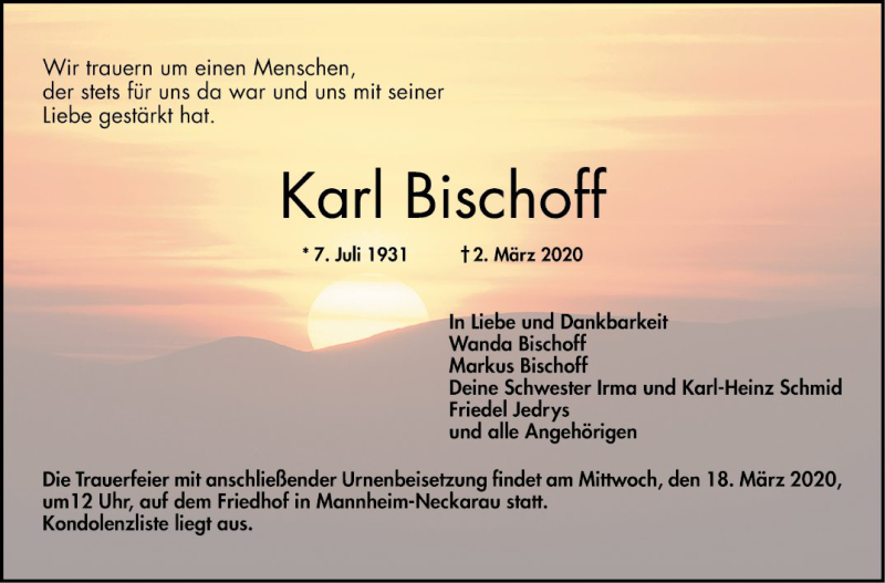  Traueranzeige für Karl Bischoff vom 07.03.2020 aus Mannheimer Morgen