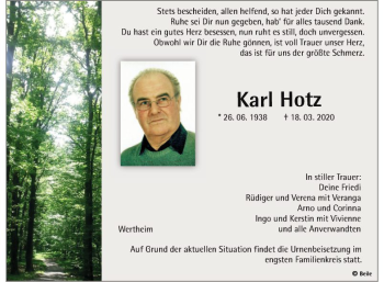 Traueranzeige von Karl Hotz von Fränkische Nachrichten