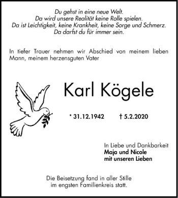 Traueranzeige von Karl Kögele von Mannheimer Morgen