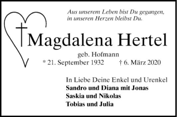 Traueranzeige von Magdalena Hertel von Mannheimer Morgen