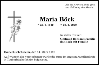Traueranzeige von Maria Böck von Fränkische Nachrichten