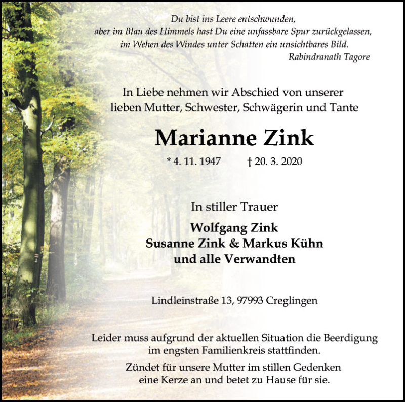  Traueranzeige für Marianne Zink vom 23.03.2020 aus Fränkische Nachrichten