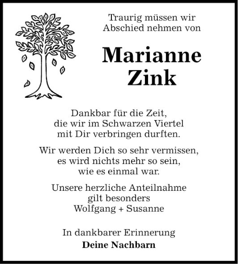  Traueranzeige für Marianne Zink vom 24.03.2020 aus Fränkische Nachrichten