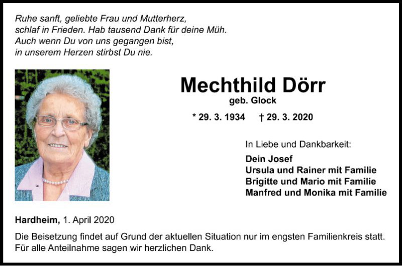  Traueranzeige für Mechthild Dörr vom 01.04.2020 aus Fränkische Nachrichten
