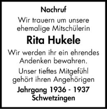 Traueranzeige von Rita Hukele von Schwetzinger Zeitung