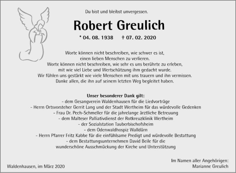  Traueranzeige für Robert Greulich vom 04.03.2020 aus Fränkische Nachrichten