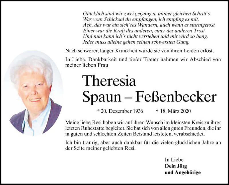  Traueranzeige für Theresia Spaun-Feßenbecker vom 28.03.2020 aus Mannheimer Morgen